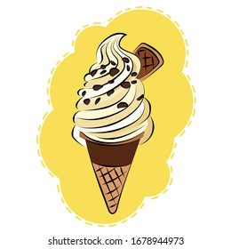 This is a retro image of ice cream in a comic style. This is a waffle cone with chocolate icing with creme brulee ice cream and chocolate crisps on top.