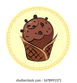 This is a retro image of ice cream in a comic style. This is a waffle basket with chocolate ice cream and chocolate crisps on top.