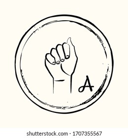 This is a retro image of a letter from the American alphabet in the style of ink drawing. This is a hand gesture for deaf people signifying the letter A.