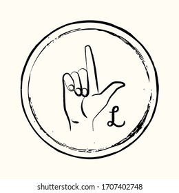 This is a retro image of a letter from the American alphabet in the style of ink drawing. This is a hand gesture for deaf people signifying the letter L.