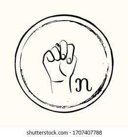 Esta es una imagen retro de una letra del alfabeto americano en el estilo de dibujo de tinta. Este es un gesto manual para sordos que significa la letra N.