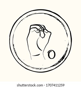 This is a retro image of a letter from the American alphabet in the style of ink drawing. This is a hand gesture for deaf people signifying the letter O.