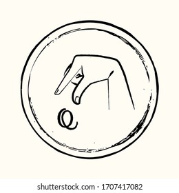 This is a retro image of a letter from the American alphabet in the style of ink drawing. This is a hand gesture for deaf people signifying the letter Q.