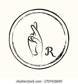 This is a retro image of a letter from the American alphabet in the style of ink drawing. This is a hand gesture for deaf people signifying the letter R.