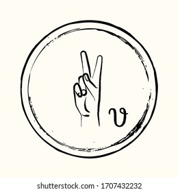 Esta es una imagen retro de una letra del alfabeto americano en el estilo de dibujo de tinta. Este es un gesto manual para sordos que significa la letra V.