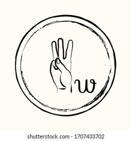 This is a retro image of a letter from the American alphabet in the style of ink drawing. This is a hand gesture for deaf people signifying the letter W.