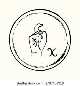 This is a retro image of a letter from the American alphabet in the style of ink drawing. This is a hand gesture for deaf people signifying the letter X.