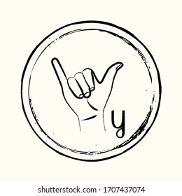 This is a retro image of a letter from the American alphabet in the style of ink drawing. This is a hand gesture for deaf people signifying the letter Y.