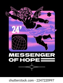 This retro inspired design features a dark angel illustration set against a backdrop of swirling clouds, globe and slogan. Perfect for use on t shirts and posters