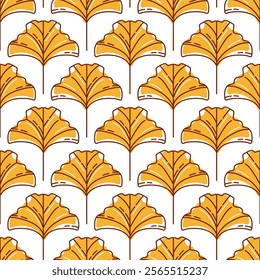 This retro pattern showcases graceful yellow Ginkgo biloba leaves arranged symmetrically in a balanced design. With intricate details, it evokes a tranquil atmosphere, ideal for nature-themed projects