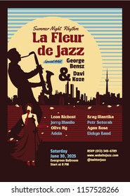 This retro style poster & flyer template is a great way to promote your next summer night jazz music event, party or festival.