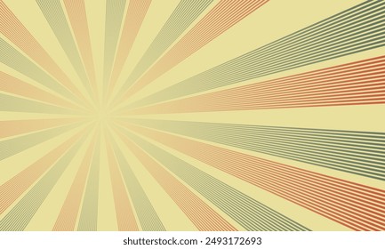 Dieses Retro-Bildschirmhintergrund-Design verfügt über Sonnenstrahlen und pulsierende Strahlen. Die Vintage-Vektorgrafik-Grafiken sind ideal für Poster und Comic-Themen geeignet und bieten eine dynamische, farbenfrohe und strukturierte abstrakte Kulisse.