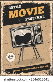 Este afiche de inspiración retro promueve un festival de cine. Presenta un televisor clásico que muestra Formas abstractas y destaca varios géneros cinematográficos.