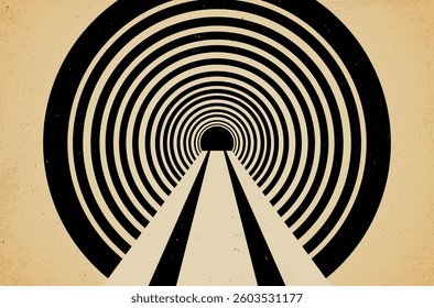This retro-style image depicts abstract tunnel with concentric black and beige lines, evoking sense of depth and perspective, ideal for vintage-themed projects. Vector illustration.