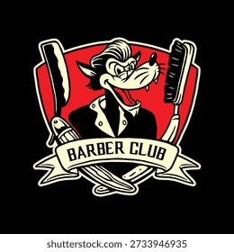 This retro-style logo features a wild rockabilly wolf with a slicked hairstyle, flanked by vintage barber tools like a razor and brush. Perfect for edgy barbershop branding or lifestyle merchandise.