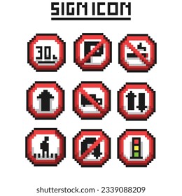 this is road sign icon in pixel art with black, red color and white background this item good for presentations,stickers, icons, t shirt design,game asset,logo and your project.