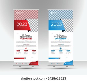 Esta plantilla de diseño de pancarta enrollable cuenta con un fondo abstracto, diseño vertical, medidas rectangulares y un X-banner moderno.