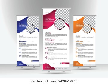 This roll-up banner template has a contemporary x-banner, a vertical layout, rectangular proportions, and an abstract background.