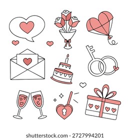 This romantic celebration icon set is designed to capture joyful and emotional moments related to love, relationships, and special occasions.
The collection includes celebration-focused romantic symbols such as heart balloons, gift box, champagne glass, candle, cake, fireworks, ring, rose, confetti, love message, and anniversary date icons.

Each icon is crafted with clean lines, balanced proportions, and consistent spacing to ensure visual harmony and clarity across different sizes.
The modern and friendly design style makes this icon set ideal for festive layouts, promotional campaigns, and romantic storytelling visuals.