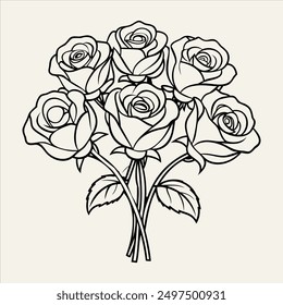 This rose flower line art illustration features a beautifully detailed rose blossom with its petals and leaves intricately designed in black and white. Ideal for coloring pages, tattoo designs etc.