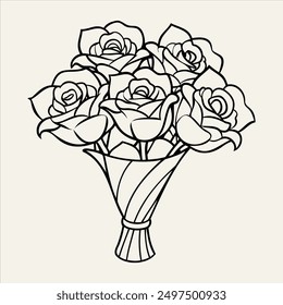 This rose flower line art illustration features a beautifully detailed rose blossom with its petals and leaves intricately designed in black and white. Ideal for coloring pages, tattoo designs etc.