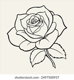 This rose flower line art illustration features a beautifully detailed rose blossom with its petals and leaves intricately designed in black and white. Ideal for coloring pages, tattoo designs etc.