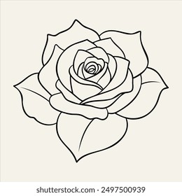 This rose flower line art illustration features a beautifully detailed rose blossom with its petals and leaves intricately designed in black and white. Ideal for coloring pages, tattoo designs etc.