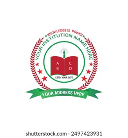 This round academic and educational logo combines traditional elements like books, a lighted candle, a laurel wreath, and a ribbon into a cohesive design. Ideal for schools, universities.