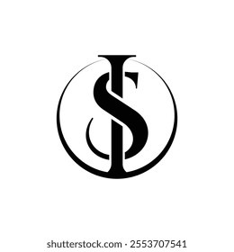 This is a round emblem monogram logo design of a letter SI or IS in classic Latin serif style in black color on a white background

