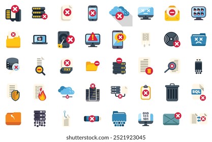 This royalty free vector illustration set of data loss and computer virus flat icons features devices being hacked