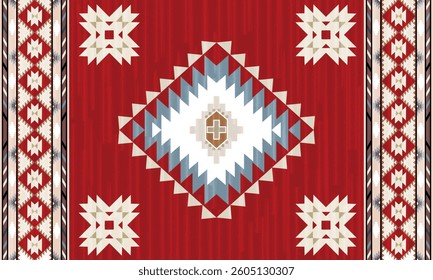 This rug capet  geometric  pattern with rich red  and beige tones. Inspired by Native American motifs, it’s perfect for bohemian and rustic decor.