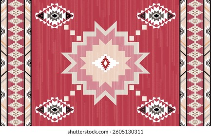This rug capet  geometric  pattern with rich red  and beige tones. Inspired by Native American motifs, it’s perfect for bohemian and rustic decor.