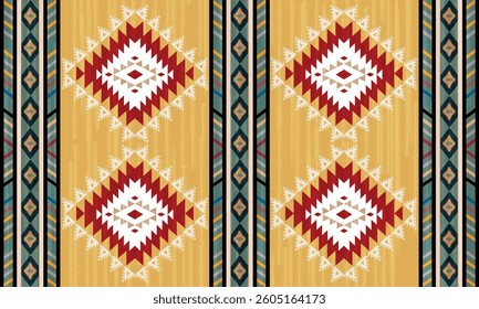 This rug capet  geometric  pattern with rich yellow, green, red and beige tones. Inspired by Native American motifs, it’s perfect for bohemian and rustic decor.
