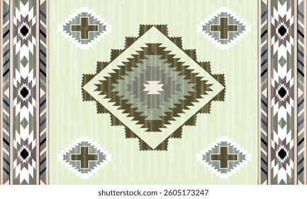 This rug capet  geometric  pattern with light green, white and beige tones. Inspired by Native American motifs, it’s perfect for bohemian and rustic decor.
