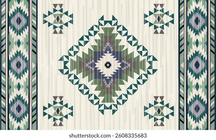 This rug capet  geometric  pattern with green and beige tones. Inspired by Native American motifs, it’s perfect for bohemian and rustic decor.
