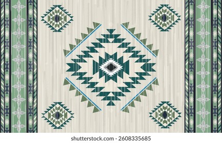 This rug capet  geometric  pattern with green and beige tones. Inspired by Native American motifs, it’s perfect for bohemian and rustic decor.
