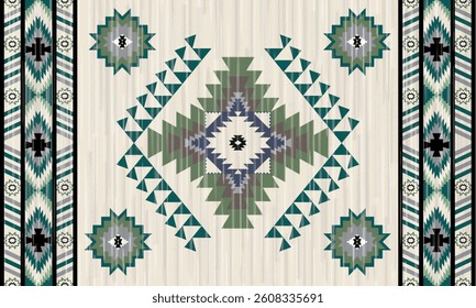 This rug capet  geometric  pattern with green and beige tones. Inspired by Native American motifs, it’s perfect for bohemian and rustic decor.
