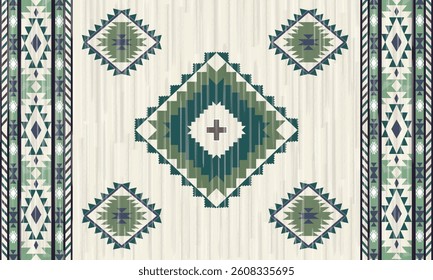 This rug capet  geometric  pattern with green and beige tones. Inspired by Native American motifs, it’s perfect for bohemian and rustic decor.
