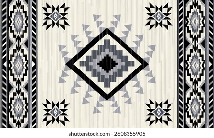 This rug capet  geometric  pattern with black and beige tones. Inspired by Native American motifs, it’s perfect for bohemian and rustic decor.
