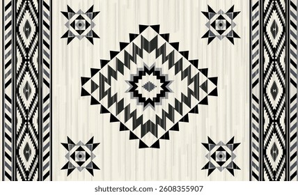 This rug capet  geometric  pattern with black and beige tones. Inspired by Native American motifs, it’s perfect for bohemian and rustic decor.
