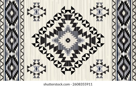 This rug capet  geometric  pattern with black and beige tones. Inspired by Native American motifs, it’s perfect for bohemian and rustic decor.
