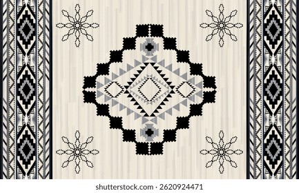 This rug capet geometric pattern with black and beige tones. Inspired by Native American motifs, it’s perfect for bohemian and rustic decor.