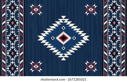 Esta alfombra tiene un patrón geométrico con tonos azules, beige y rojos. Inspirado en motivos nativos americanos, es perfecto para una decoración bohemia, árabe y rústica.