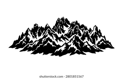 This rugged mountain range, presented in a striking monochrome style, showcases towering peaks and deep valleys. It is ideal for themes of endurance, challenge, and natural grandeur, perfect for designs emphasizing strength, resilience, and awe-inspiring landscapes.