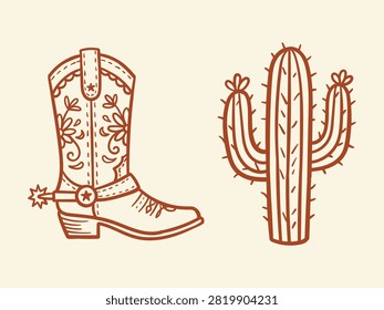 This rustic orange line art sketch showcases a beautifully decorated leather cowboy boot with spurs alongside a tall desert saguaro cactus, perfect for western designs.
