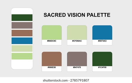 This Sacred Vision color swatch set offers a sophisticated hex color palette inspired by nature and spiritual clarity. Creative color combinations of muted browns and vibrant blues provide a trendy color scheme template for visionary graphic designers.