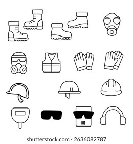 This safety icon set features clear, professional illustrations representing essential PPE and workplace safety elements, ideal for construction sites, manuals, signage, and safety awareness campaigns