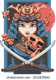 Esta chica samurai está inspirada en Japón. Esta ilustración es para necesidades de impresión de pantalla para camisetas, chaquetas, pegatinas, tatuajes y otras necesidades de impresión