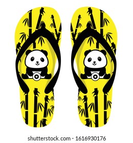 This is a sandal with a design image of a baby panda playing on a bamboo tree