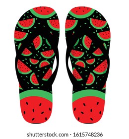 this is a sandal with a randomized piece of watermelon
